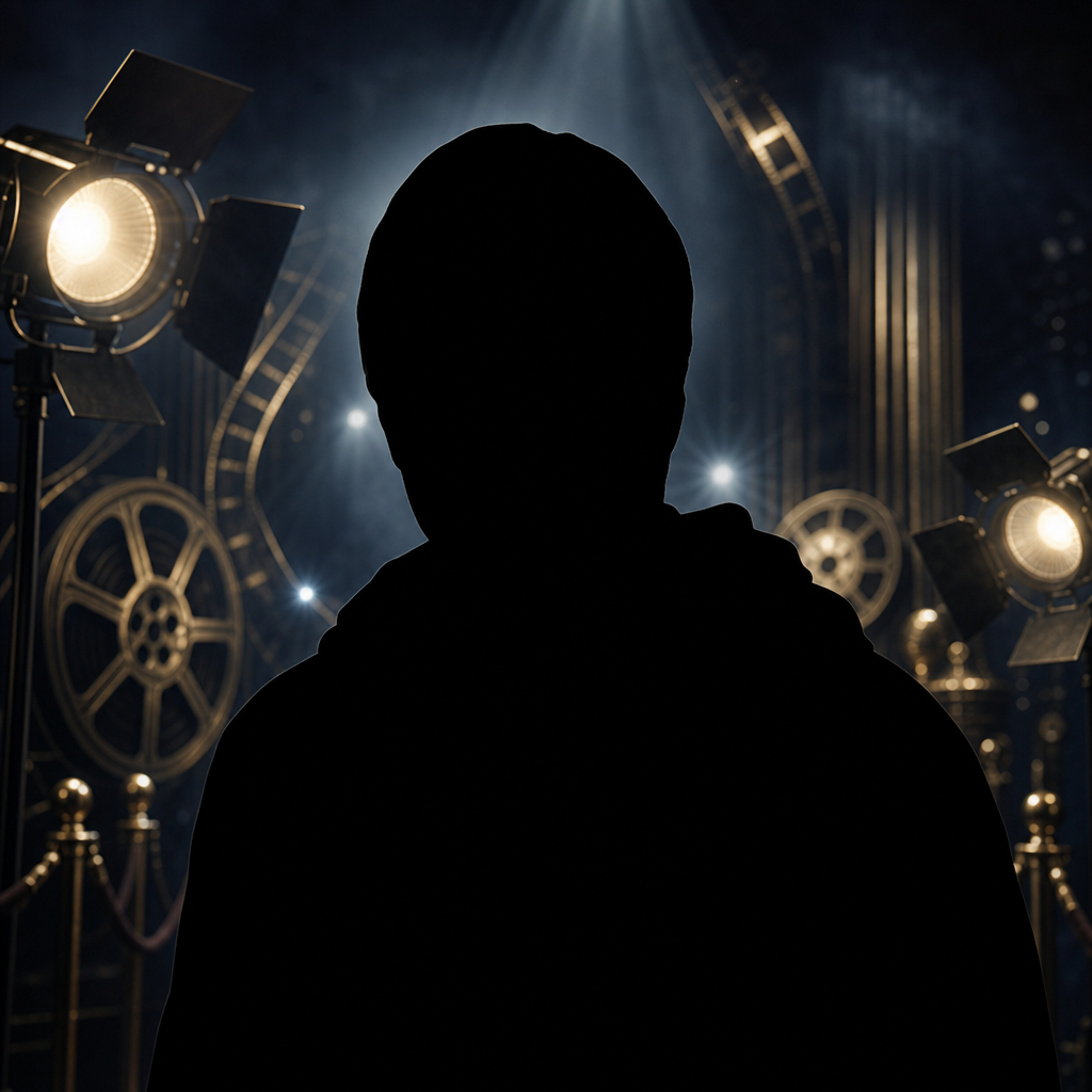 Editorial black silhouette portrait for Amitabh Bachchan with industry-related background; no facial features shown