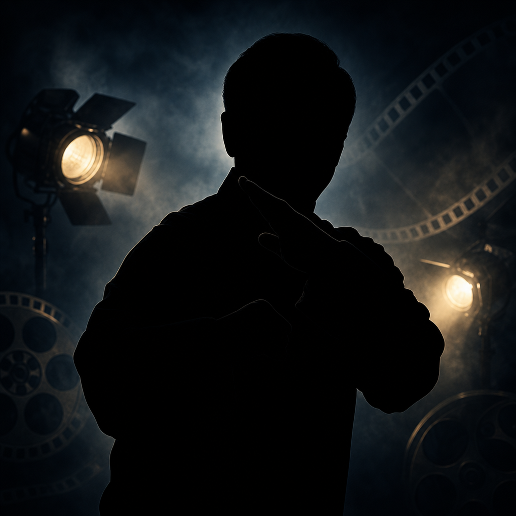 Featureless black silhouette of Jackie Chan in a dark cinema and film-set inspired editorial background