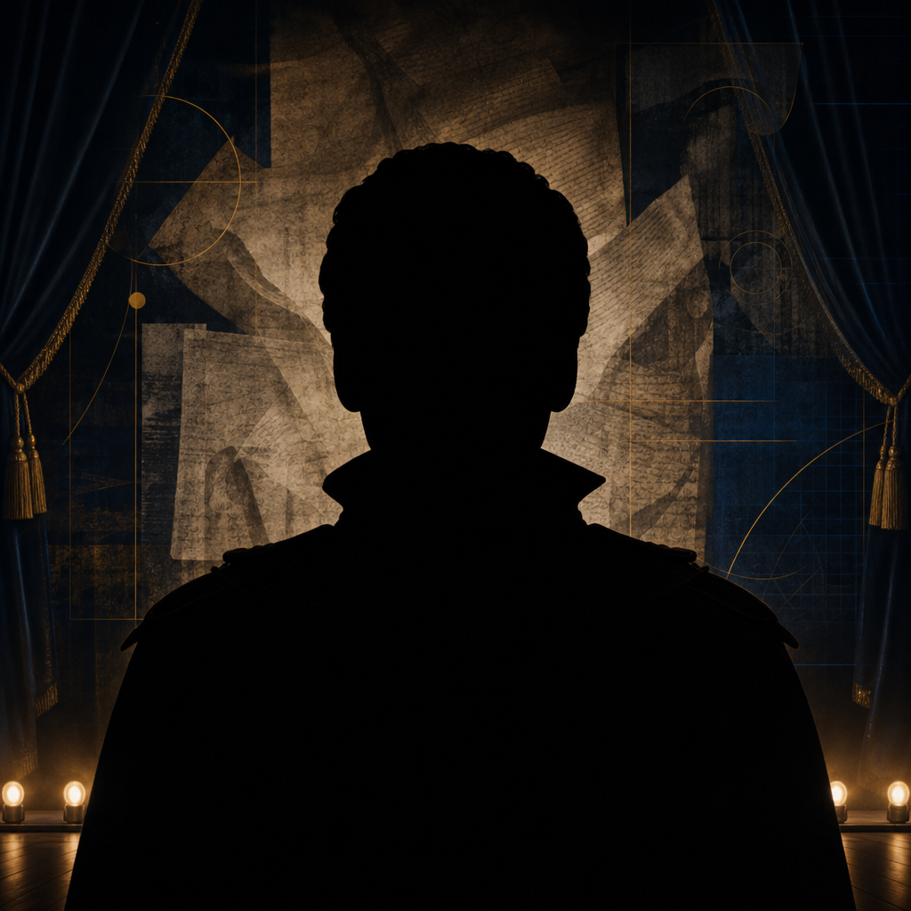 Featureless black silhouette of John Gielgud in a dark theater stage editorial background