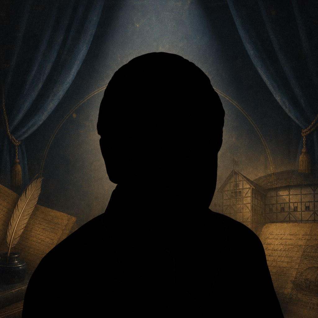 Featureless black silhouette of Laurence Olivier in a dark Shakespearean theater editorial background