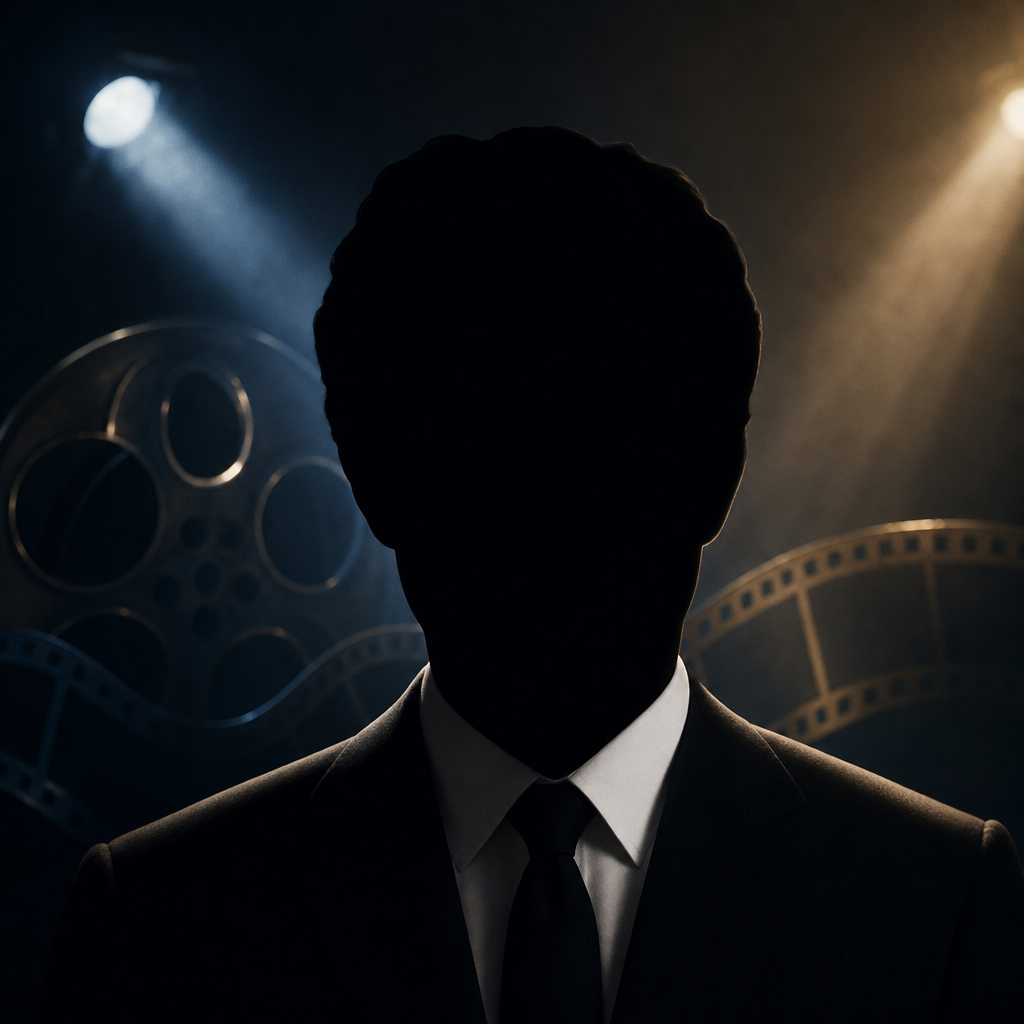 Featureless black silhouette of Peter O'Toole in a dark classic cinema and theater editorial background