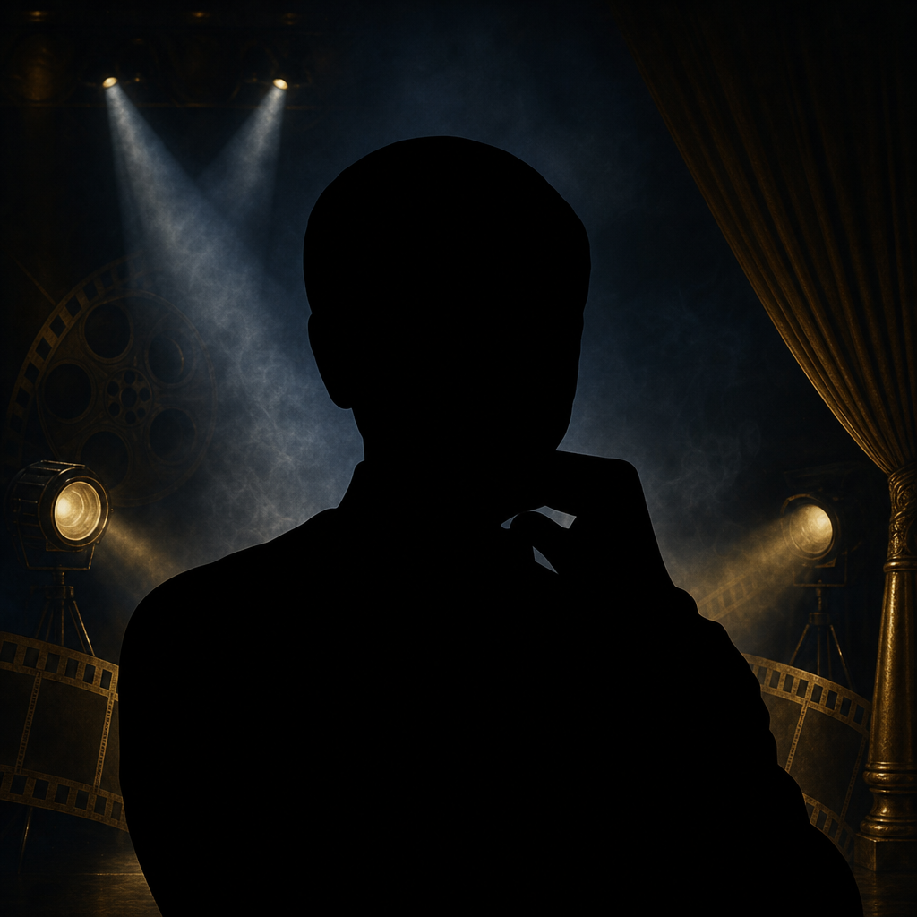 Editorial black silhouette portrait for Rajinikanth with industry-related background; no facial features shown