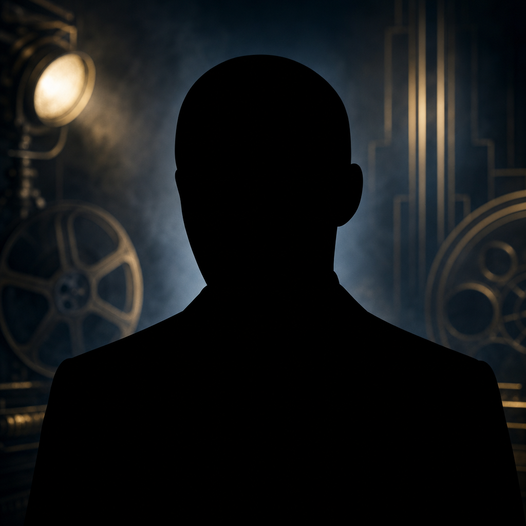 Featureless black silhouette of Rudolph Valentino in a dark silent-film studio editorial background